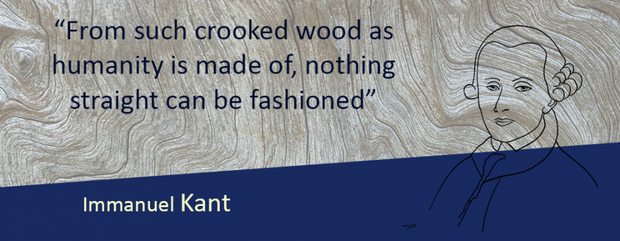 Drawing of Immanuel Kant with the quote ""From such crooked wood as humanity is made of, nothing straight can be fashioned."